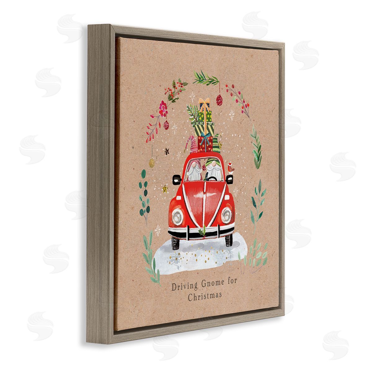 Sally Darby Driving Gnome For Christmas Brown Floating Frame Canvas Wall Art Print