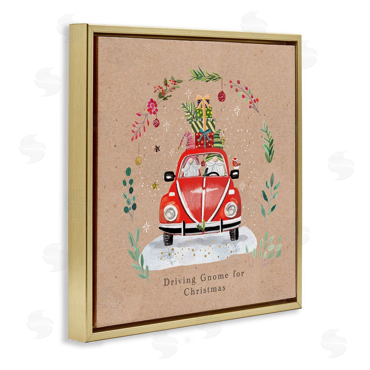 Sally Darby Driving Gnome For Christmas Gold Floating Frame Canvas Wall Art Print