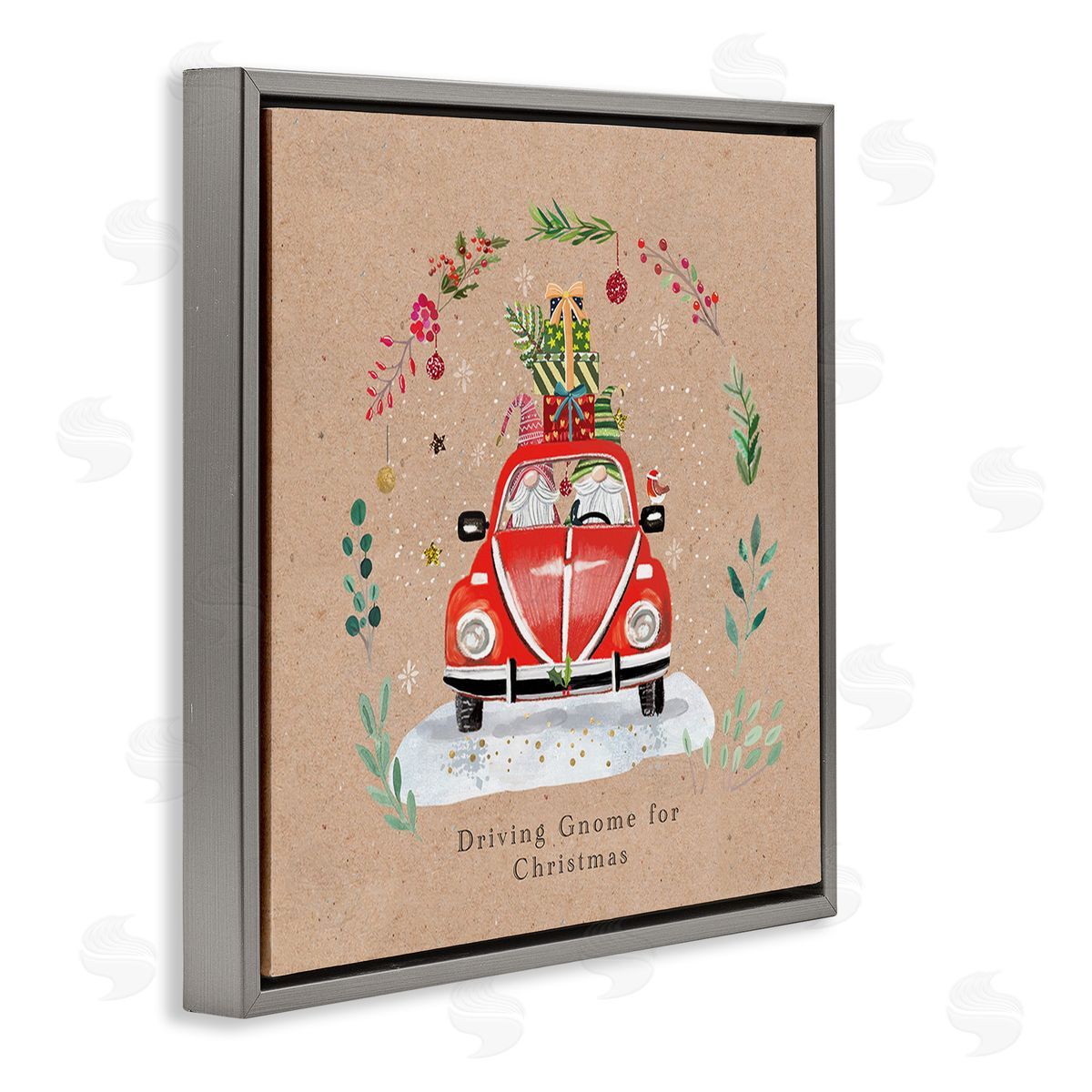 Sally Darby Driving Gnome For Christmas Gray Floating Frame Canvas Wall Art Print