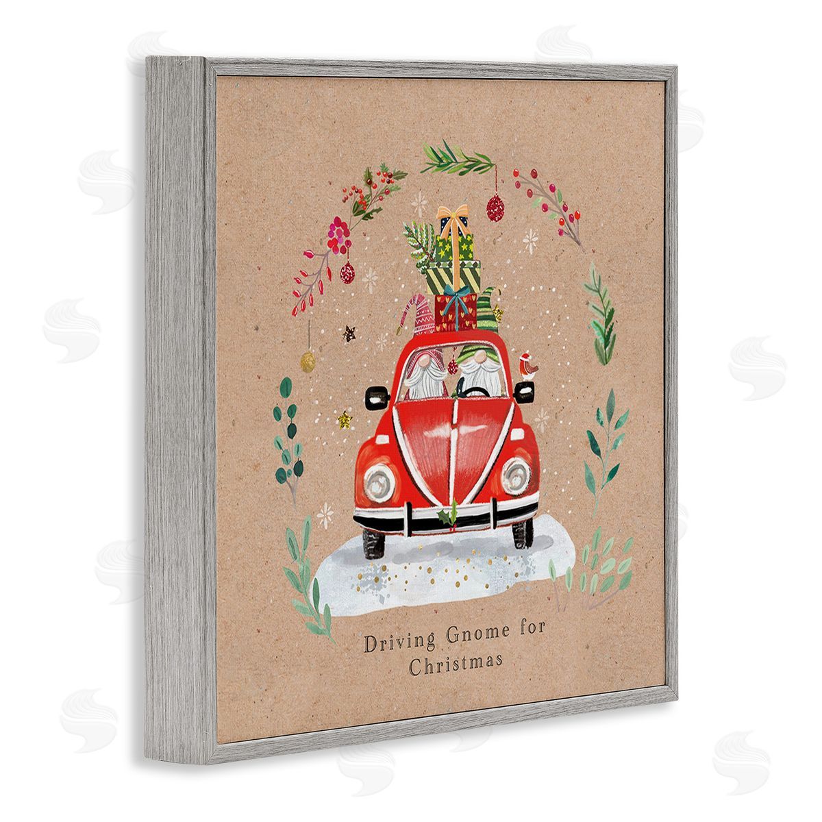 Sally Darby Driving Gnome For Christmas Gray Framed Giclee Wall Art Print