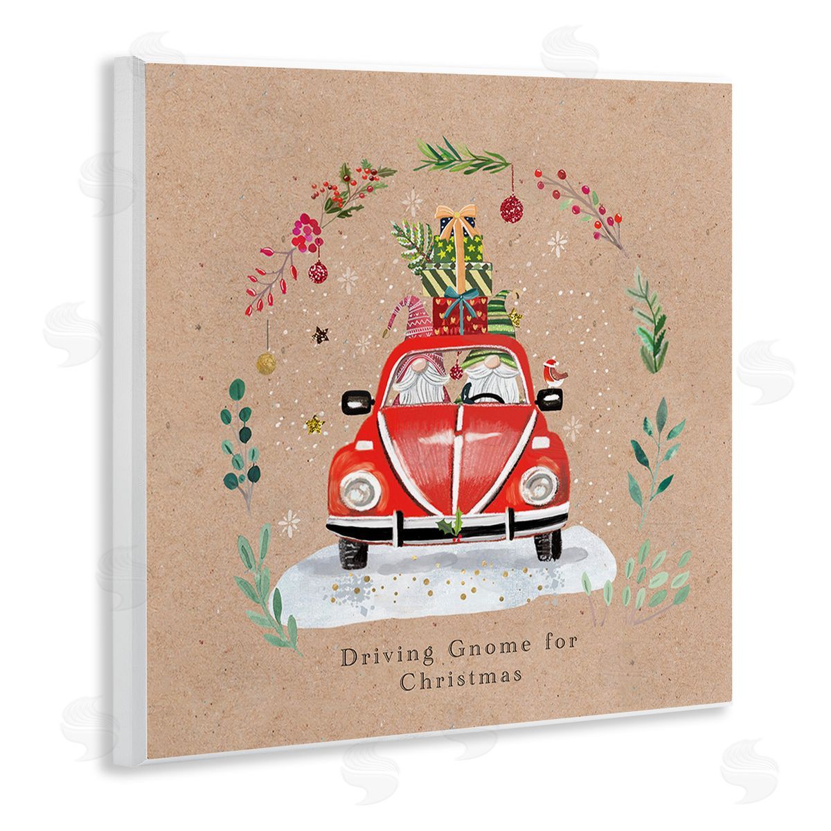Sally Darby Driving Gnome For Christmas Wooden Wall Plaque Art Print