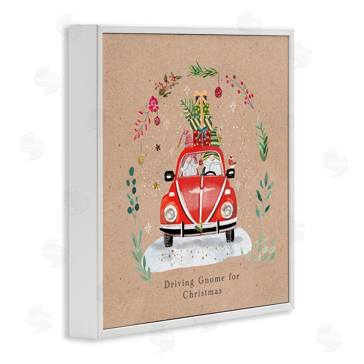 Sally Darby Driving Gnome For Christmas White Framed Giclee Wall Art Print