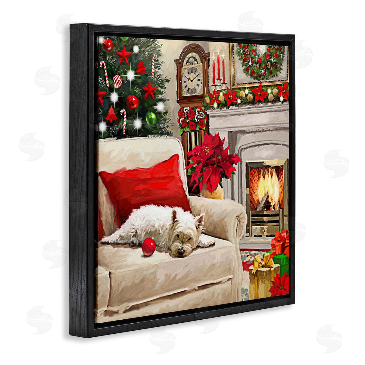 Adam Sanderson Cozy Dog by Holiday Mantle Black Floating Frame Canvas Wall Art Print