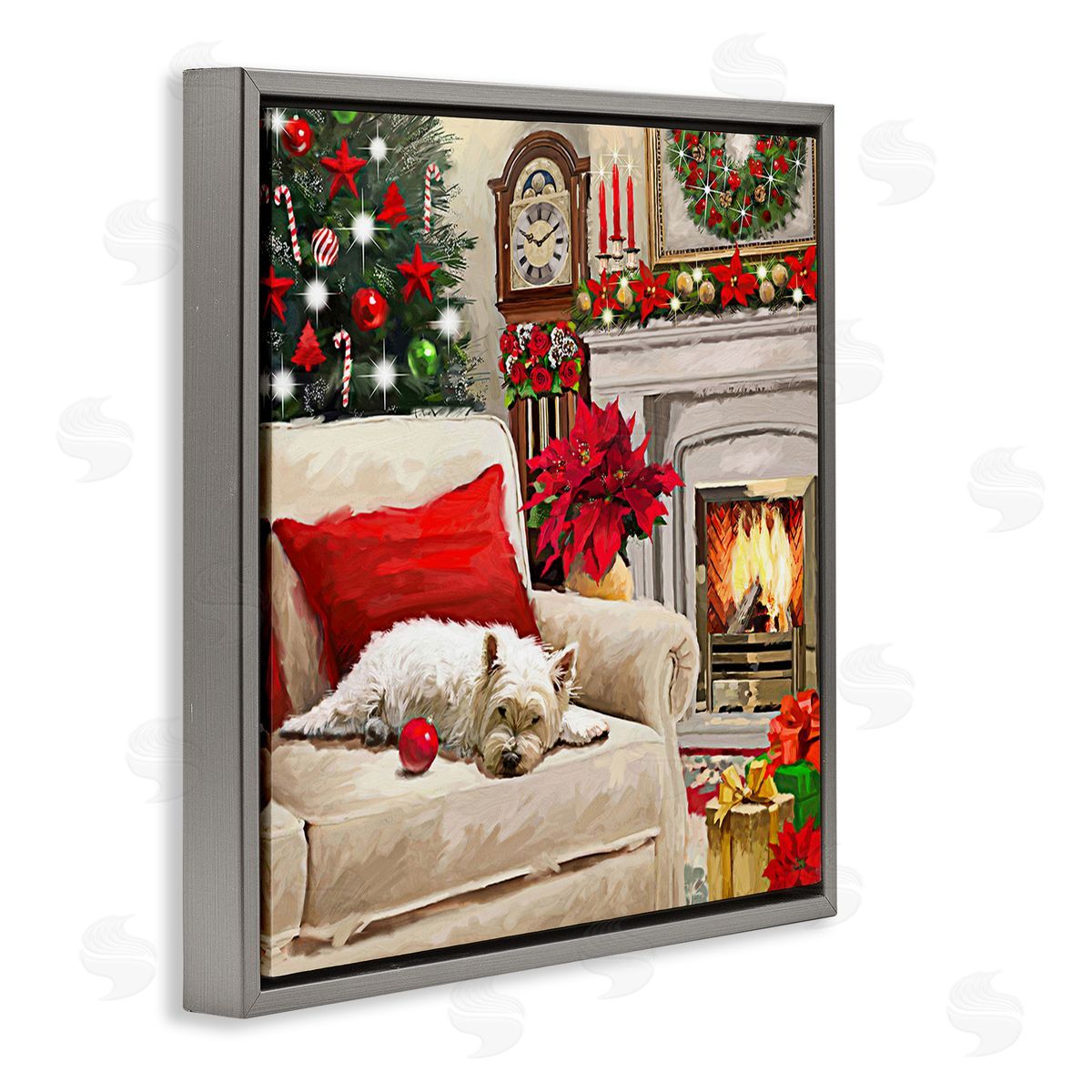 Adam Sanderson Cozy Dog by Holiday Mantle Gray Floating Frame Canvas Wall Art Print