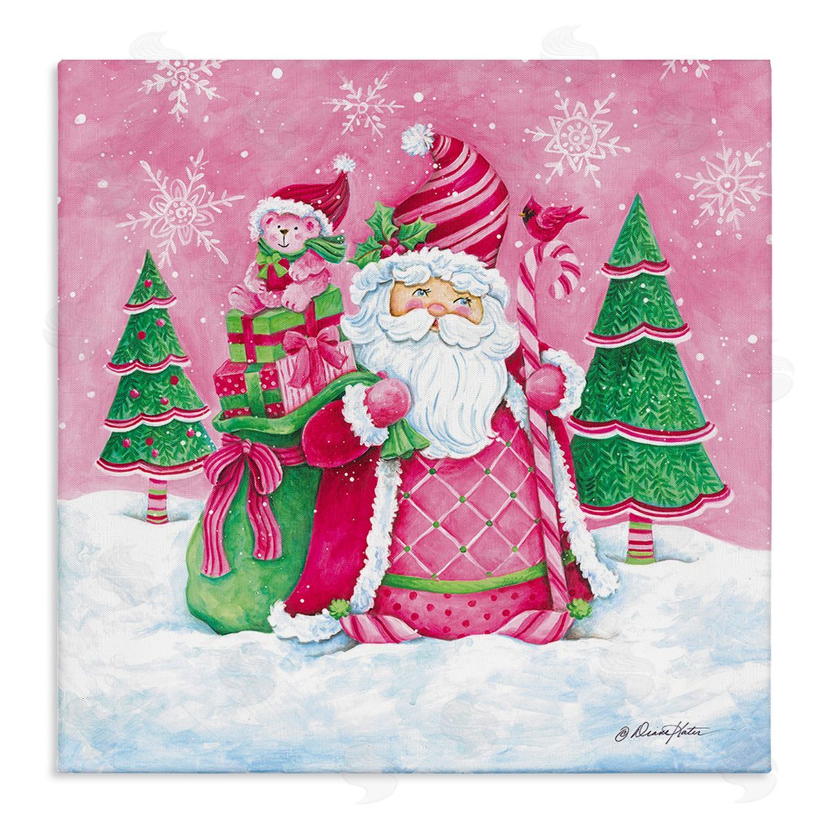 Diane Kater Pink & Green Santa Scene Canvas Wall Art Print