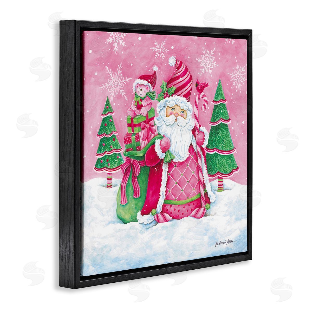 Diane Kater Pink & Green Santa Scene Black Floating Frame Canvas Wall Art Print