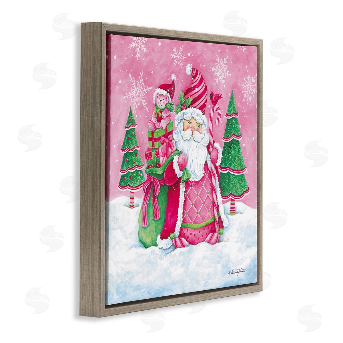 Diane Kater Pink & Green Santa Scene Brown Floating Frame Canvas Wall Art Print