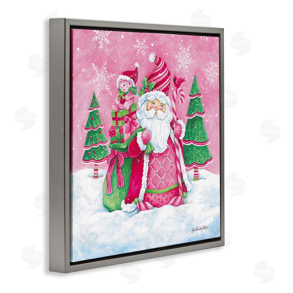 Diane Kater Pink & Green Santa Scene Gray Floating Frame Canvas Wall Art Print