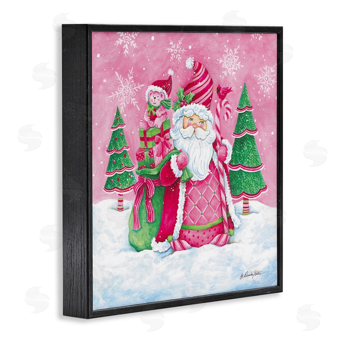 Diane Kater Pink & Green Santa Scene Black Framed Giclee Wall Art Print