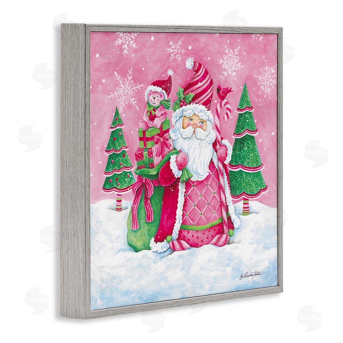 Diane Kater Pink & Green Santa Scene Gray Framed Giclee Wall Art Print