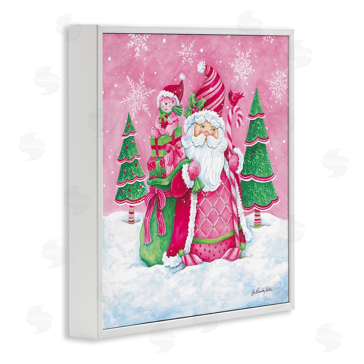 Diane Kater Pink & Green Santa Scene White Framed Giclee Wall Art Print