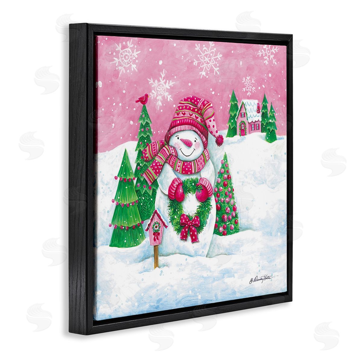 Diane Kater Scenic Winter Snowman Black Floating Frame Canvas Wall Art Print
