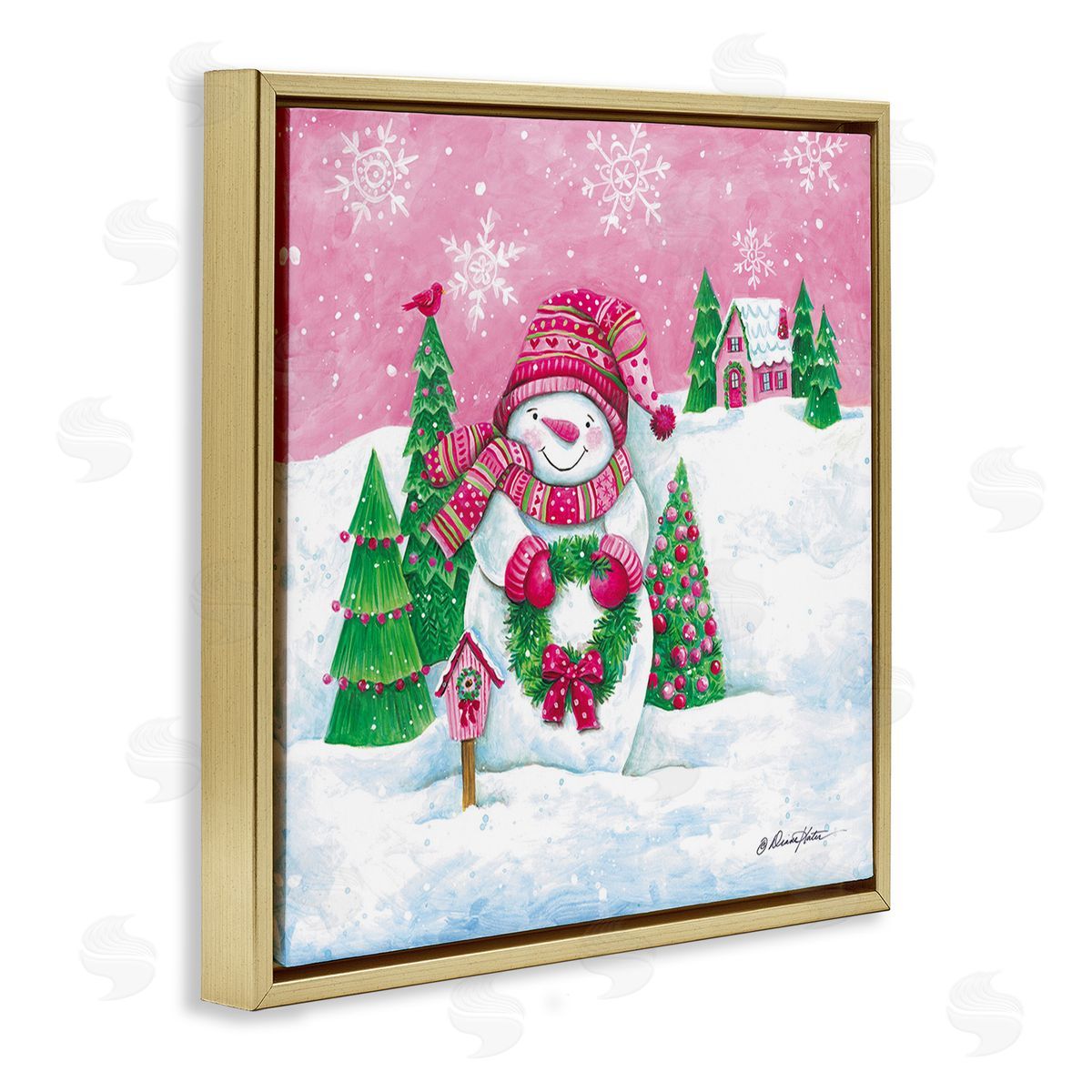 Diane Kater Scenic Winter Snowman Gold Floating Frame Canvas Wall Art Print