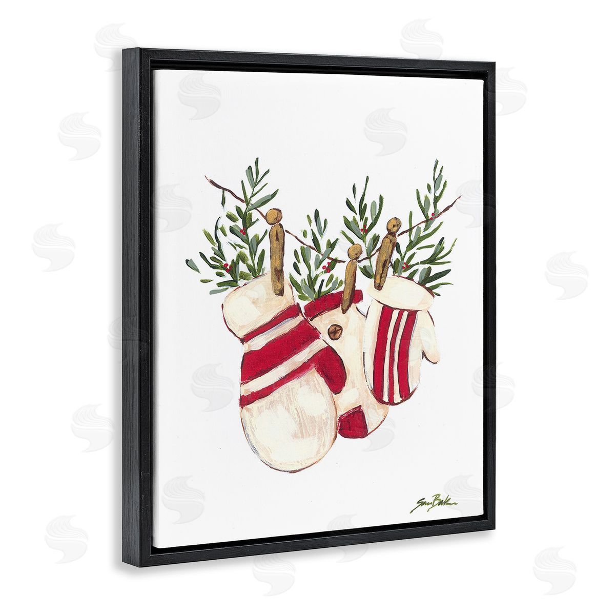 Sara Baker Winter Mittens on Clothesline Black Floating Frame Canvas Wall Art Print