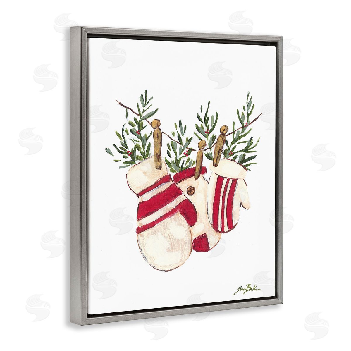 Sara Baker Winter Mittens on Clothesline Gray Floating Frame Canvas Wall Art Print