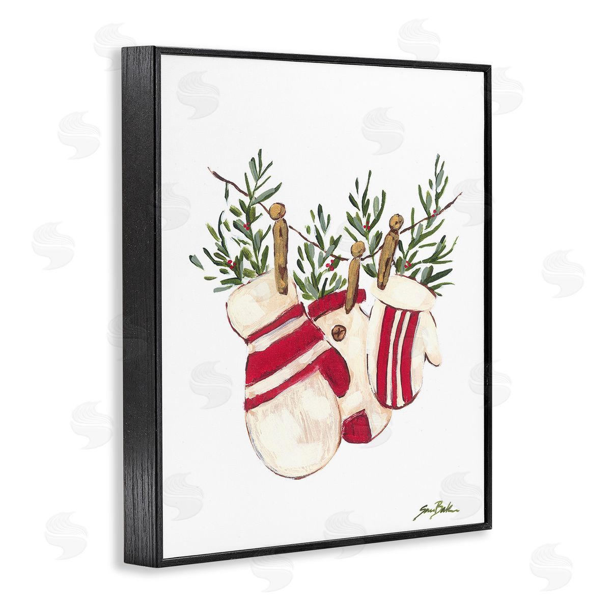 Sara Baker Winter Mittens on Clothesline Black Framed Giclee Wall Art Print