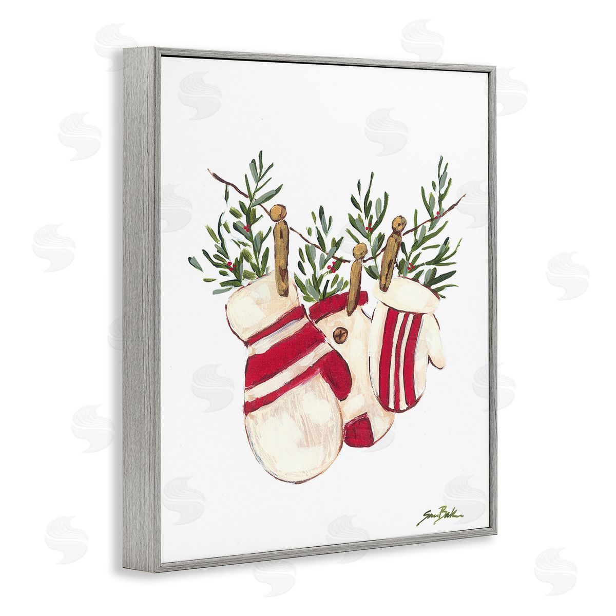 Sara Baker Winter Mittens on Clothesline Gray Framed Giclee Wall Art Print