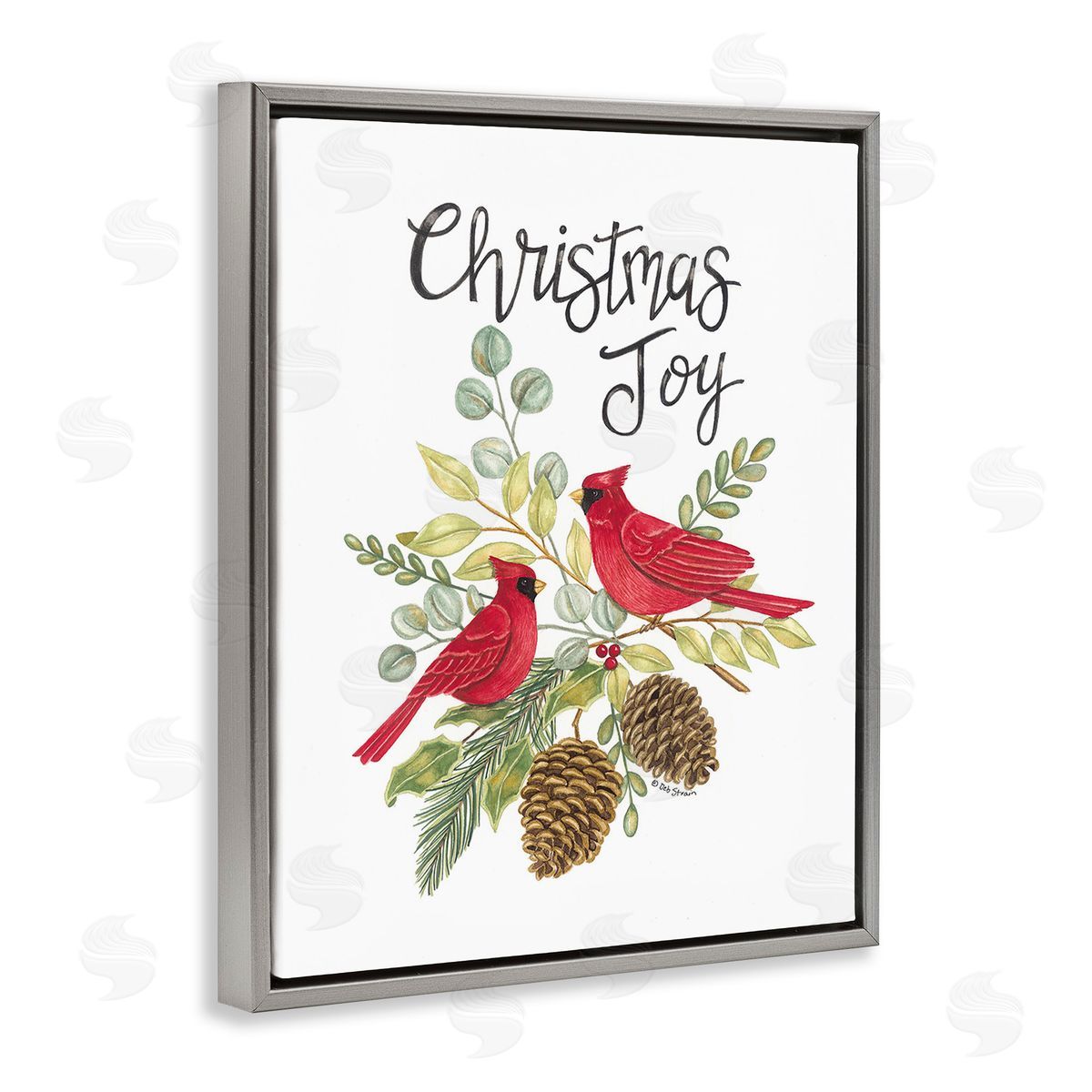 Deb Strain Christmas Joy Cardinals Gray Floating Frame Canvas Wall Art Print