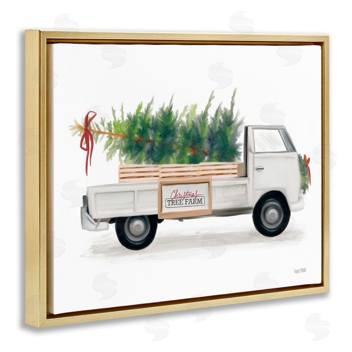 House Fenway Christmas Tree Farm Truck Gold Floating Frame Canvas Wall Art Print