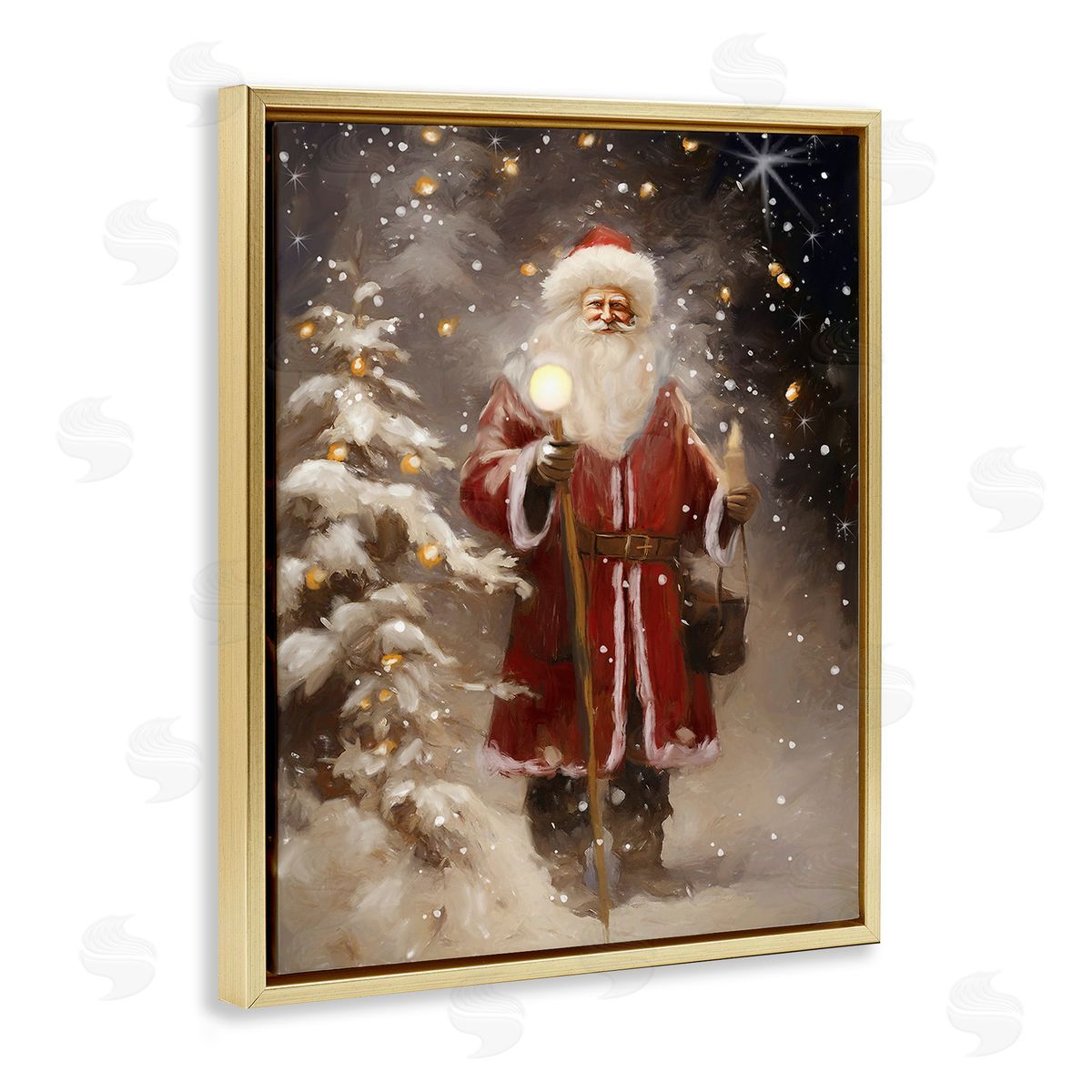 Ramona Murdock Santa in Snowy Night Scene Gold Floating Frame Canvas Wall Art Print
