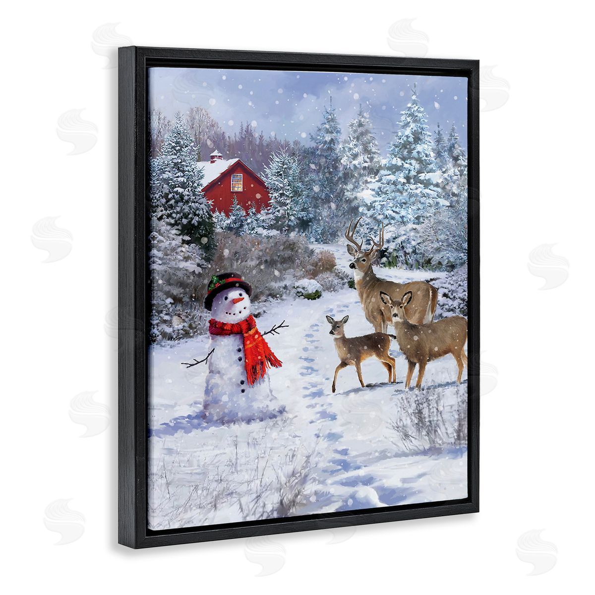 Jason Kirk Reindeer & Snowman Landscape Black Floating Frame Canvas Wall Art Print