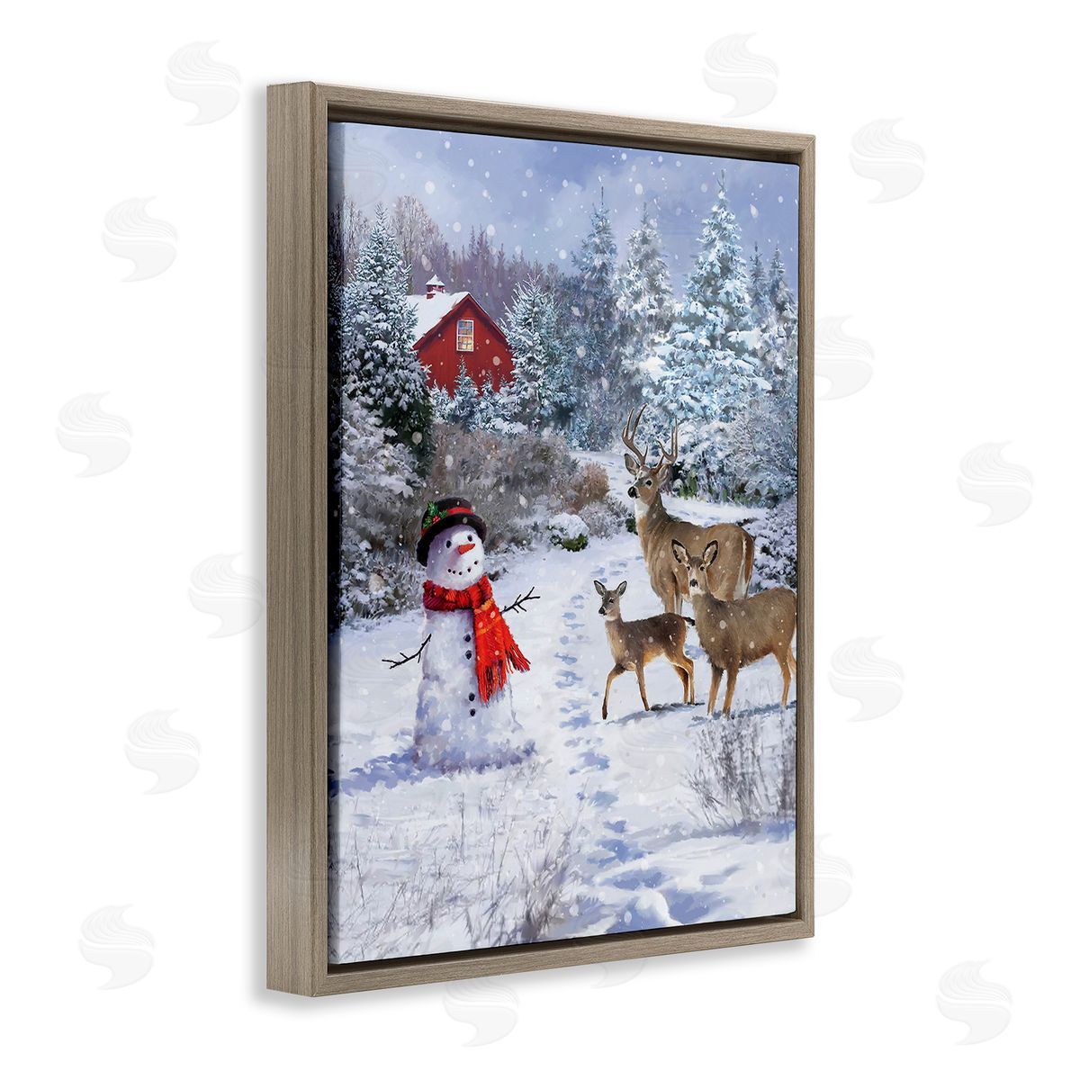Jason Kirk Reindeer & Snowman Landscape Brown Floating Frame Canvas Wall Art Print