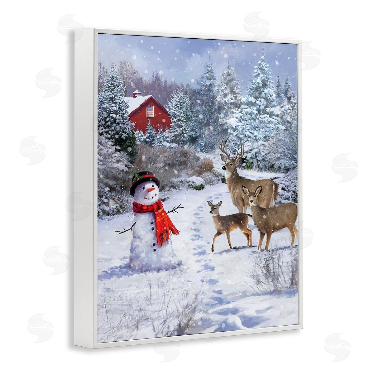 Jason Kirk Reindeer & Snowman Landscape White Framed Giclee Wall Art Print