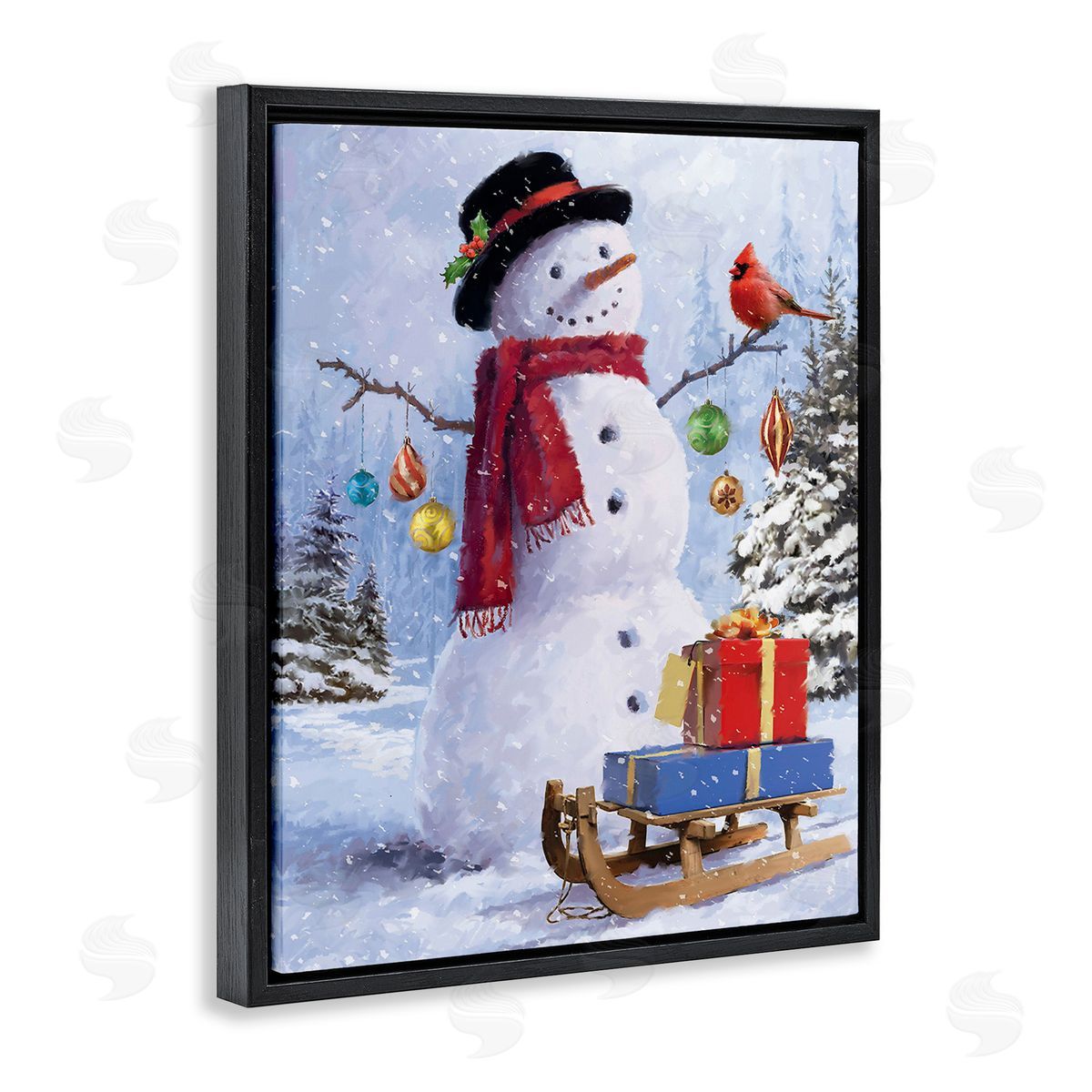 Jason Kirk Snowman with Gift Sled Black Floating Frame Canvas Wall Art Print