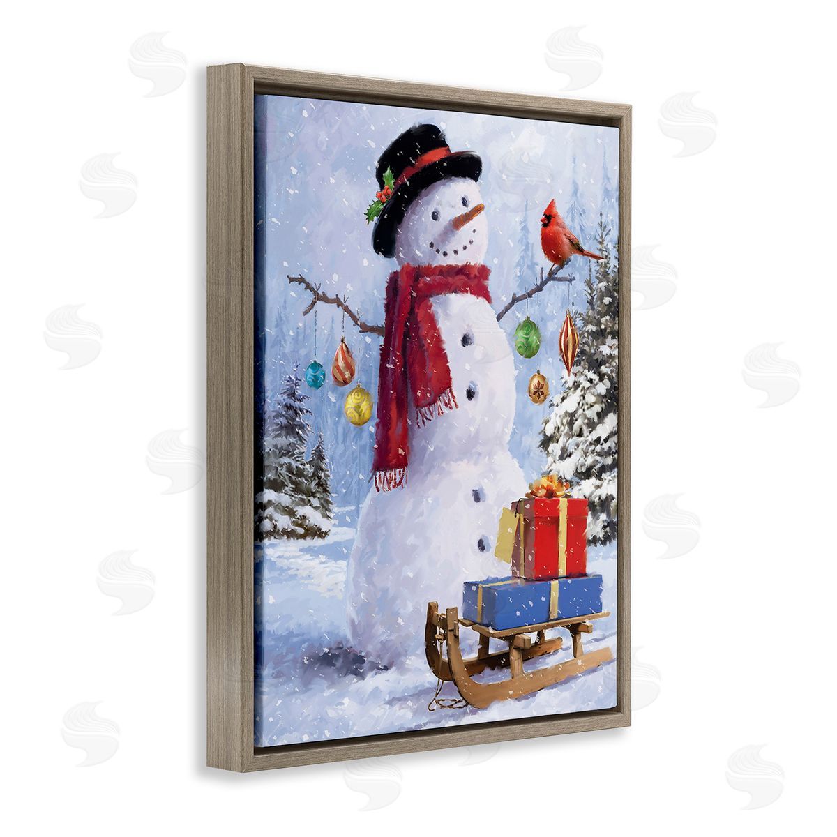 Jason Kirk Snowman with Gift Sled Brown Floating Frame Canvas Wall Art Print