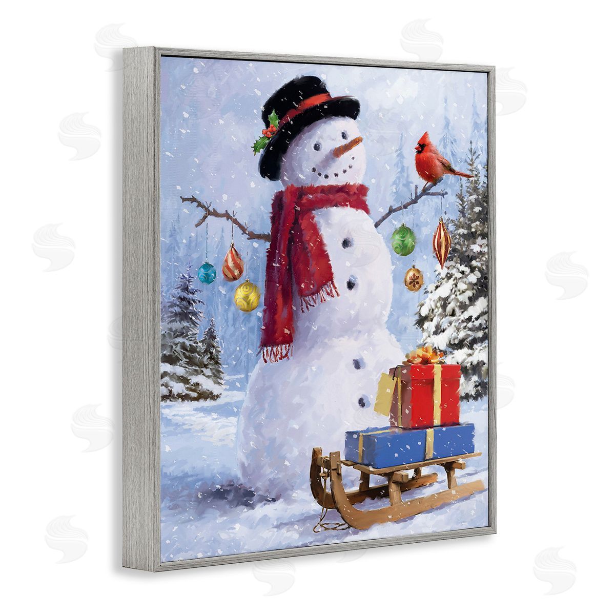 Jason Kirk Snowman with Gift Sled Gray Framed Giclee Wall Art Print