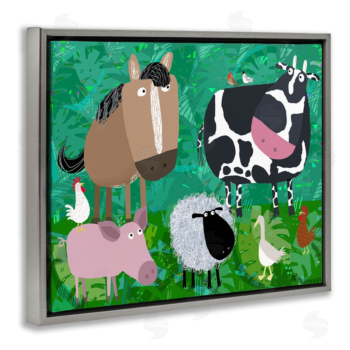 Carla Daly Farm Animals & Leaves Gray Floating Frame Canvas Wall Art Print