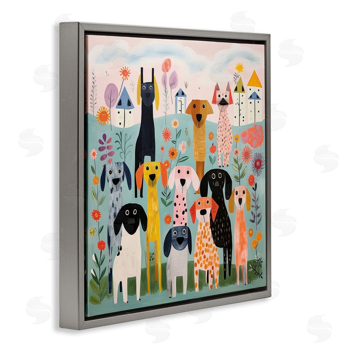 Lazar Studio Patterned Dogs in Yard Gray Floating Frame Canvas Wall Art Print