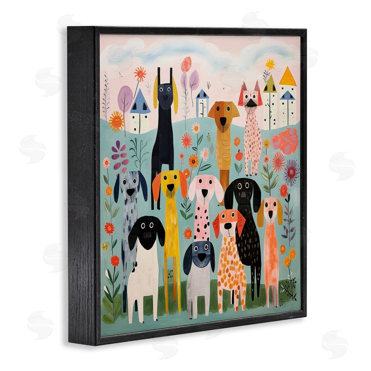 Lazar Studio Patterned Dogs in Yard Black Framed Giclee Wall Art Print