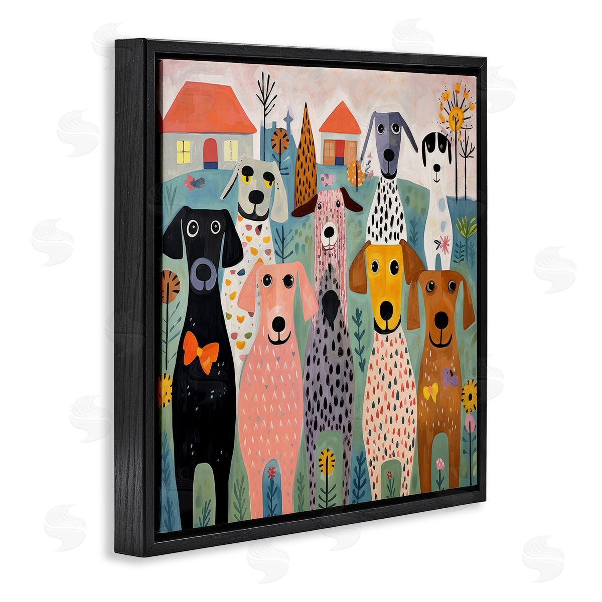 Lazar Studio Patterned Dogs & Flowers Black Floating Frame Canvas Wall Art Print