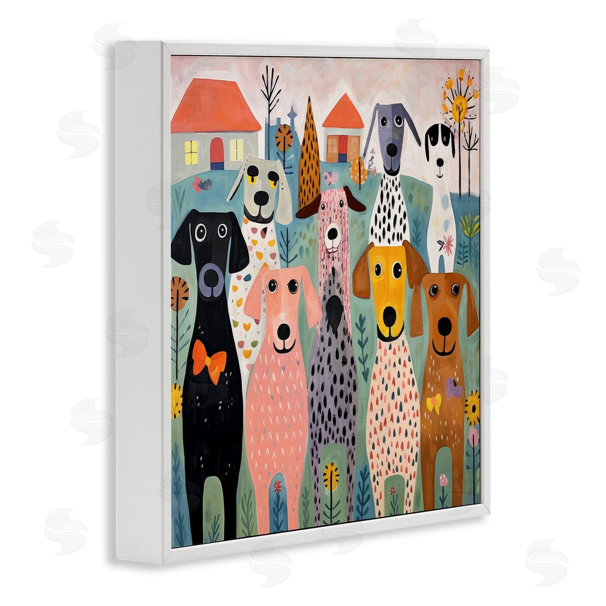 Lazar Studio Patterned Dogs & Flowers White Framed Giclee Wall Art Print