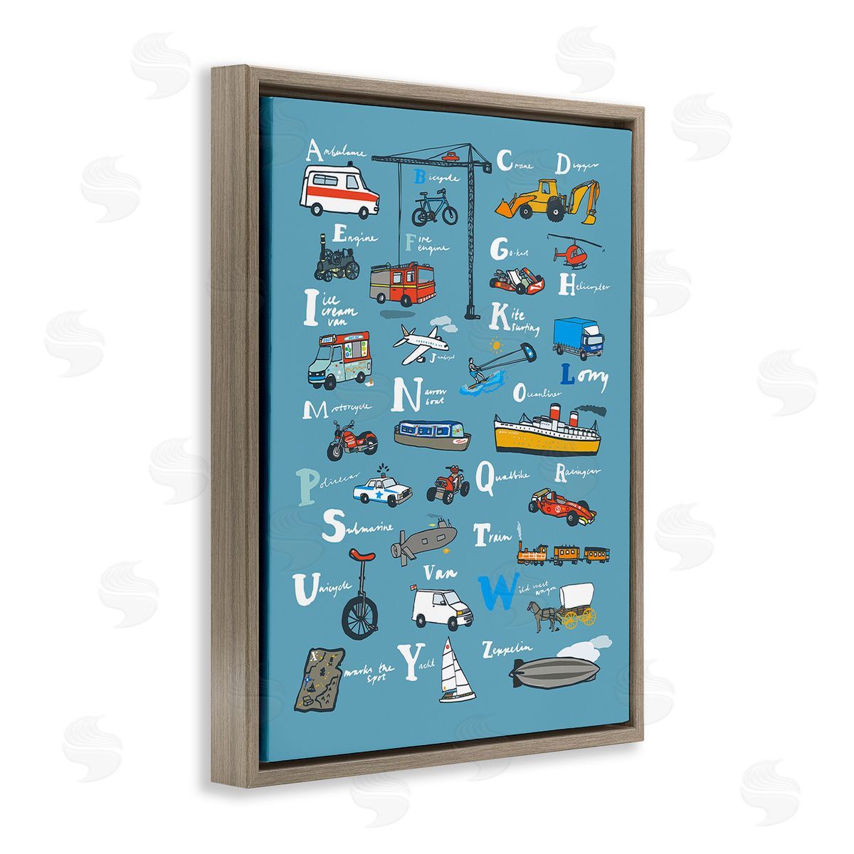 Hanna Melin Various Vehicles Alphabet Brown Floating Frame Canvas Wall Art Print