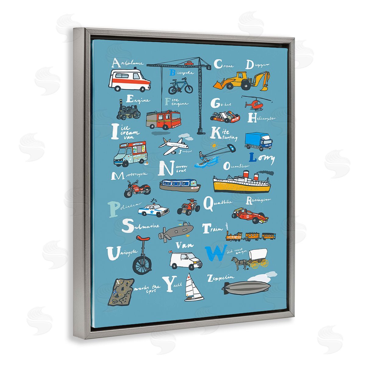 Hanna Melin Various Vehicles Alphabet Gray Floating Frame Canvas Wall Art Print