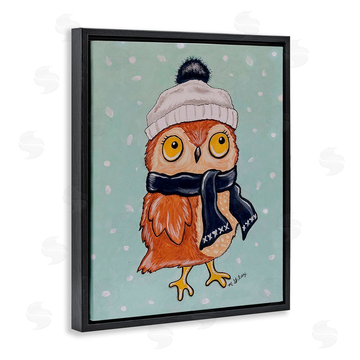 Michelle Gilsey Owl & Winter Scarf Black Floating Frame Canvas Wall Art Print