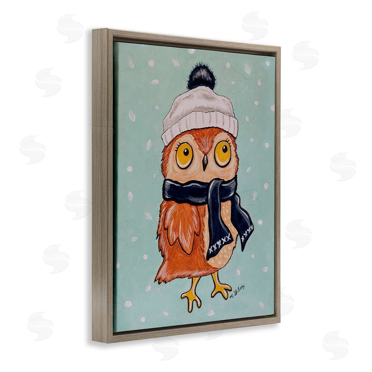 Michelle Gilsey Owl & Winter Scarf Brown Floating Frame Canvas Wall Art Print