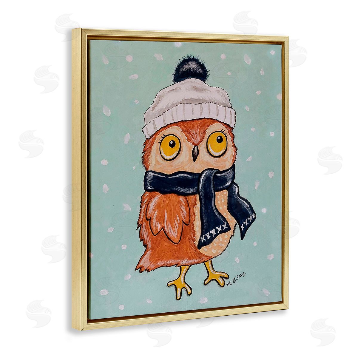 Michelle Gilsey Owl & Winter Scarf Gold Floating Frame Canvas Wall Art Print