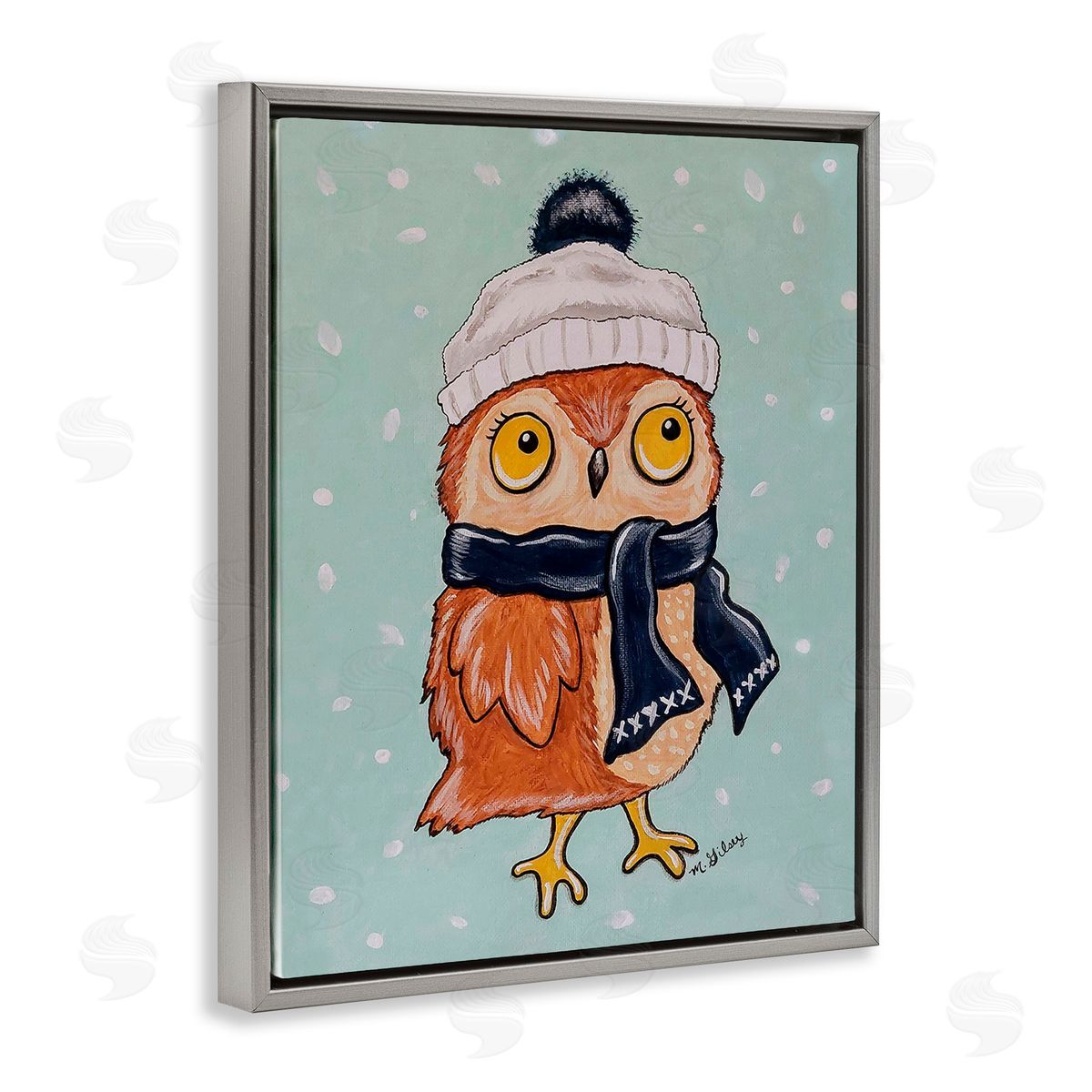 Michelle Gilsey Owl & Winter Scarf Gray Floating Frame Canvas Wall Art Print