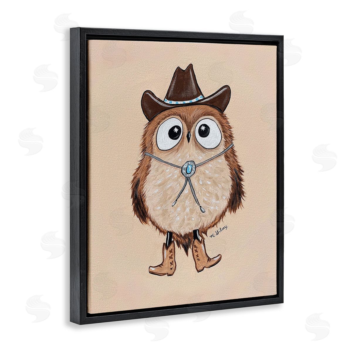 Michelle Gilsey Southwestern Cowboy Owl Black Floating Frame Canvas Wall Art Print