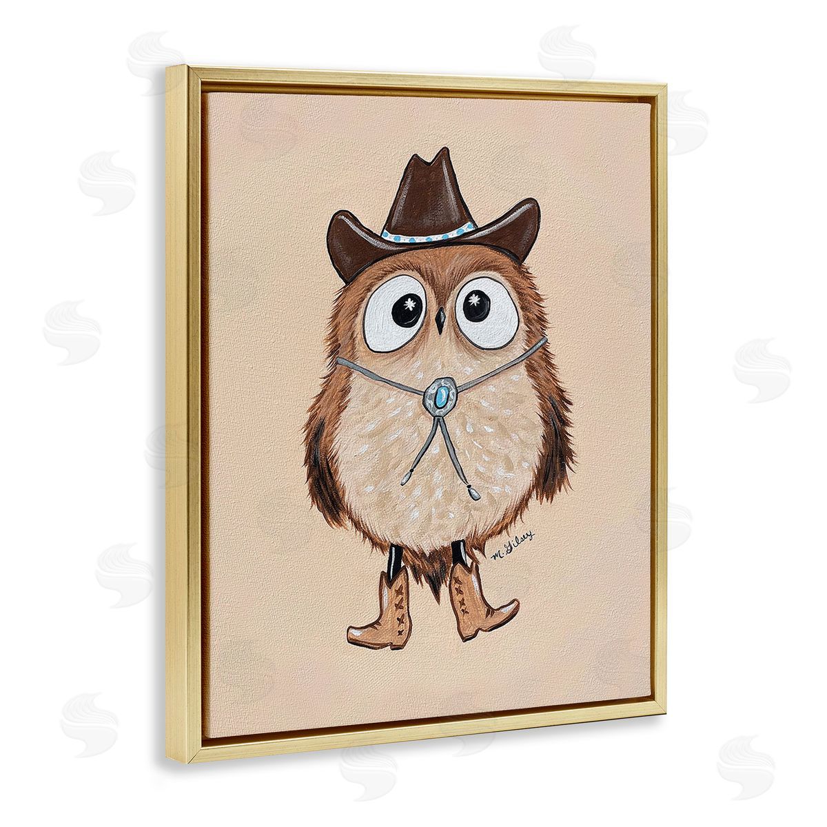 Michelle Gilsey Southwestern Cowboy Owl Gold Floating Frame Canvas Wall Art Print