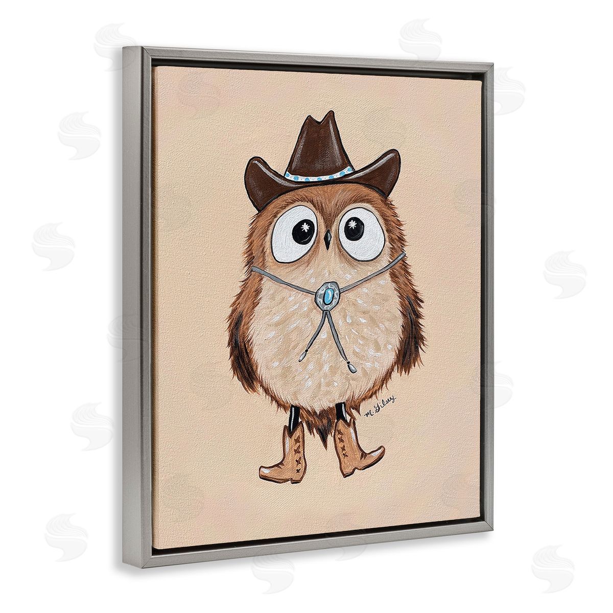 Michelle Gilsey Southwestern Cowboy Owl Gray Floating Frame Canvas Wall Art Print