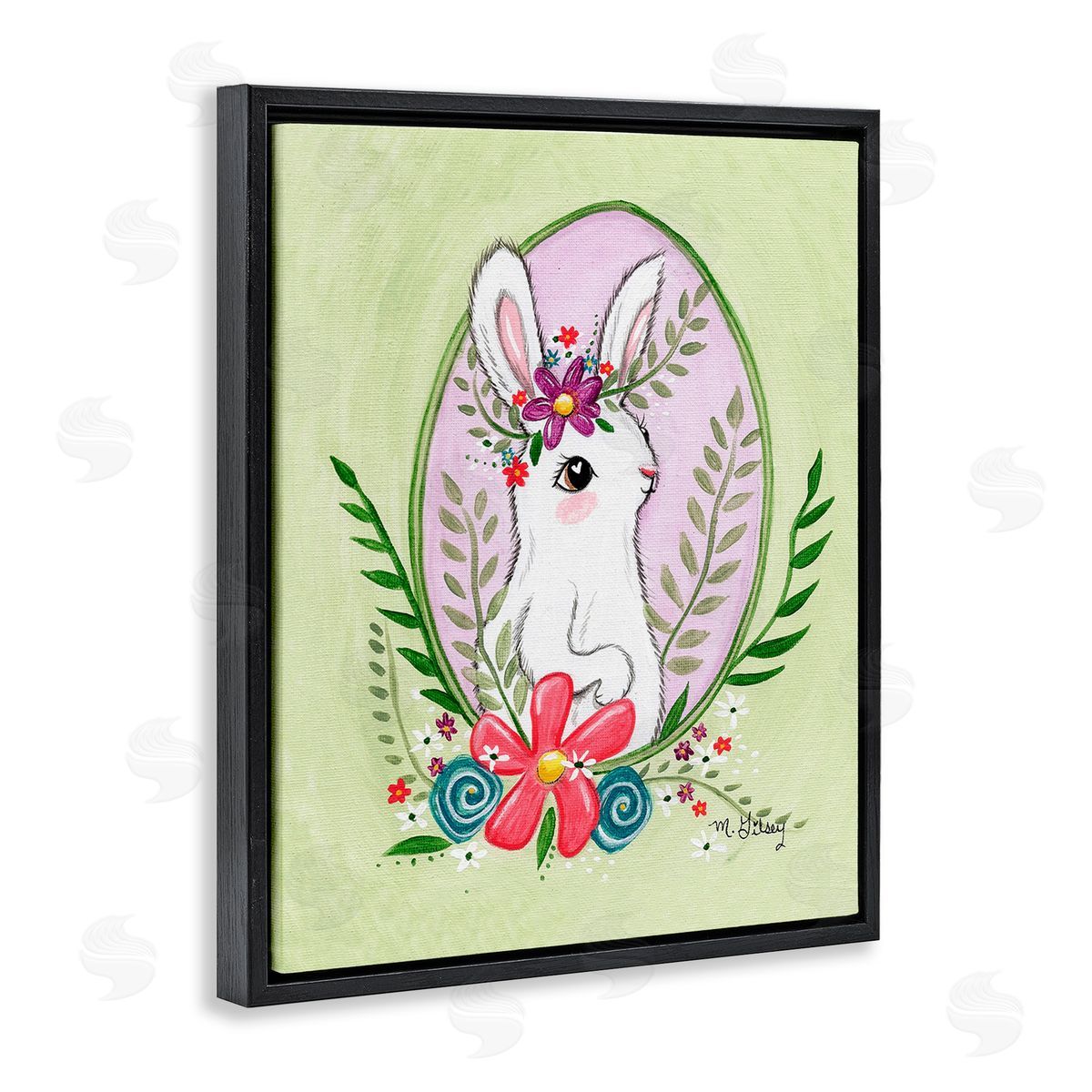 Michelle Gilsey Spring Bunny & Blossom Black Floating Frame Canvas Wall Art Print