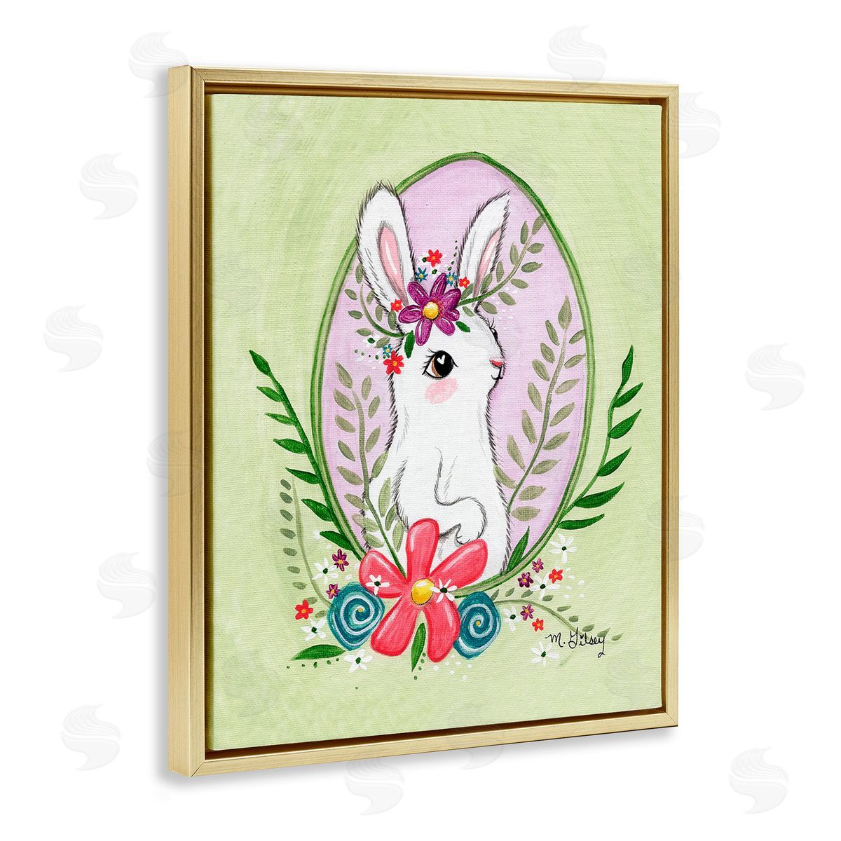 Michelle Gilsey Spring Bunny & Blossom Gold Floating Frame Canvas Wall Art Print