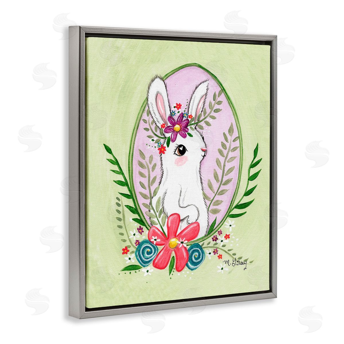 Michelle Gilsey Spring Bunny & Blossom Gray Floating Frame Canvas Wall Art Print