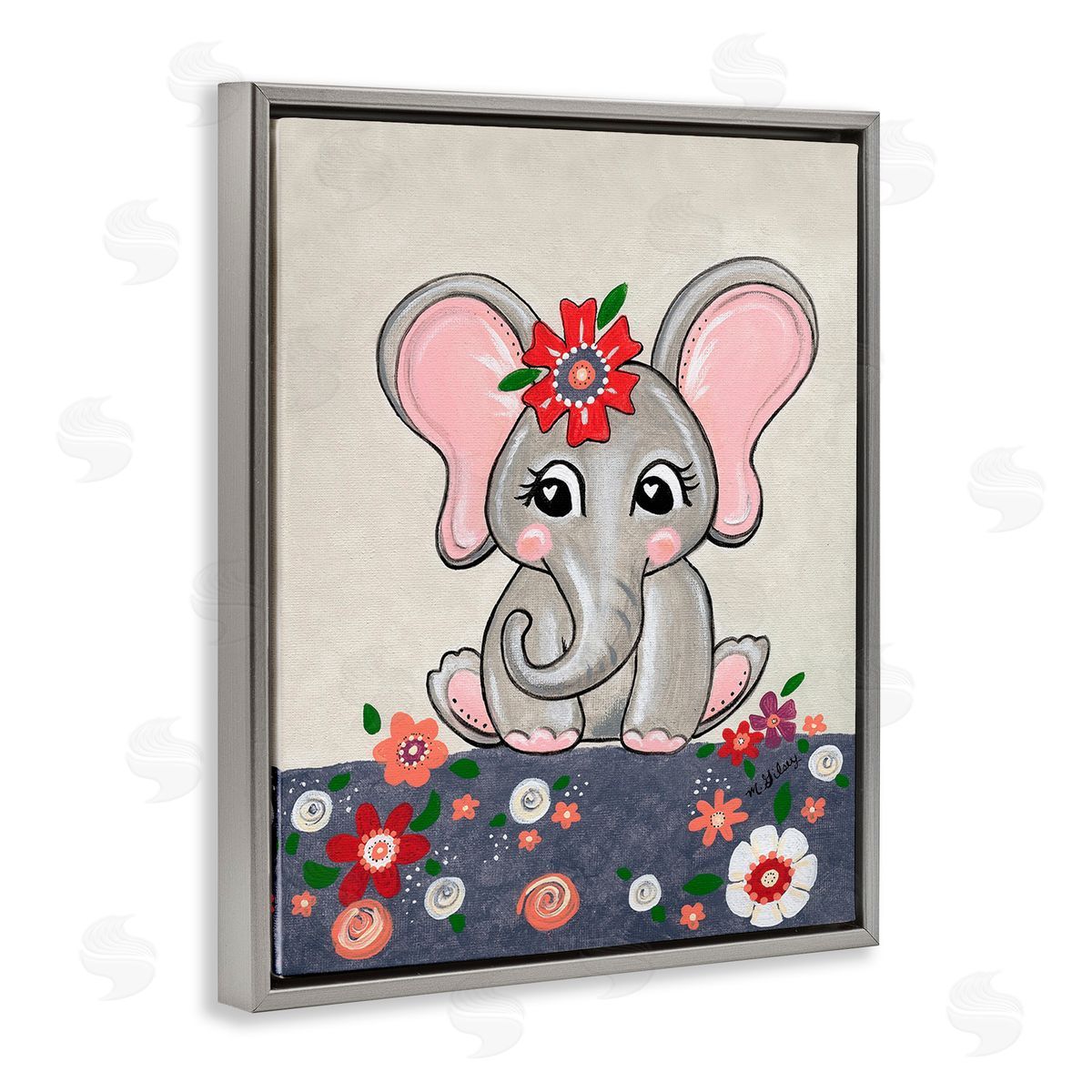 Michelle Gilsey Baby Elephant & Flowers Gray Floating Frame Canvas Wall Art Print