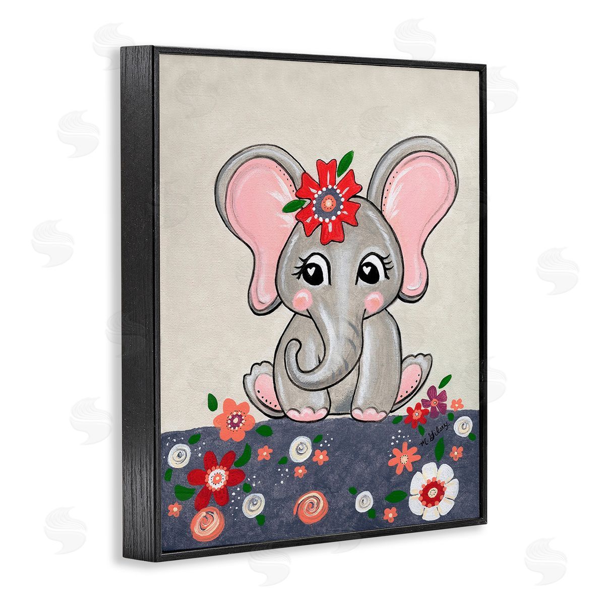 Michelle Gilsey Baby Elephant & Flowers Black Framed Giclee Wall Art Print