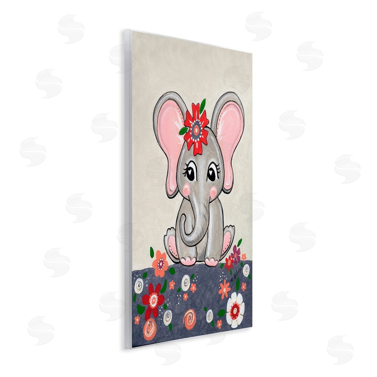 Michelle Gilsey Baby Elephant & Flowers Wooden Wall Plaque Art Print